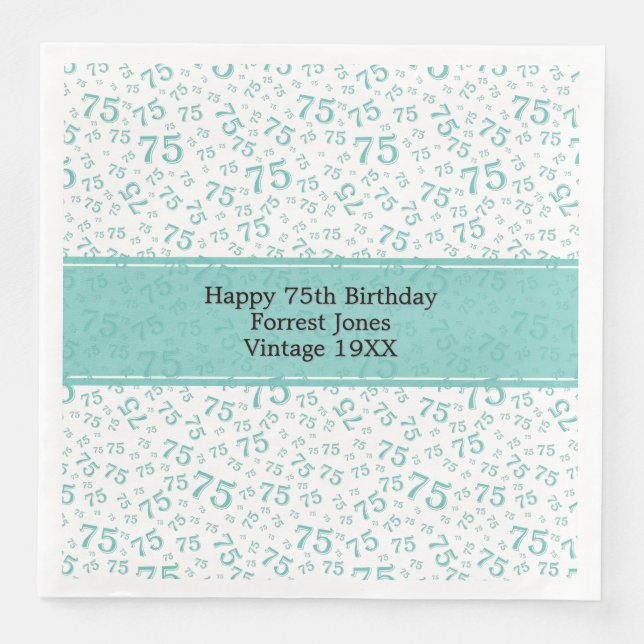 Serviette En Papier 75e anniversaire Cool Numéro Motif Turquoise/blanc (Devant)