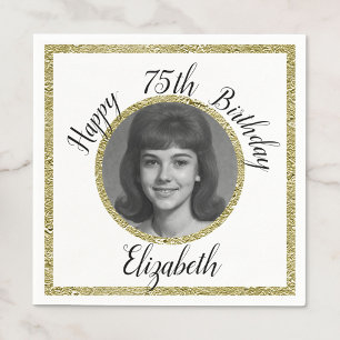 Serviette En Papier 75e Anniversaire Personnalisé Photo Blanc et Or
