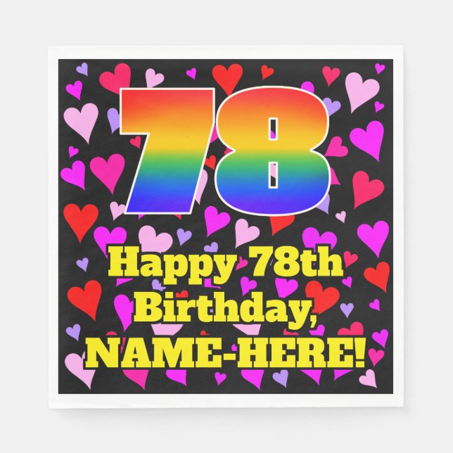 Serviette En Papier 78e anniversaire : Amour Hearts Motif, Arc-en-ciel (Devant)