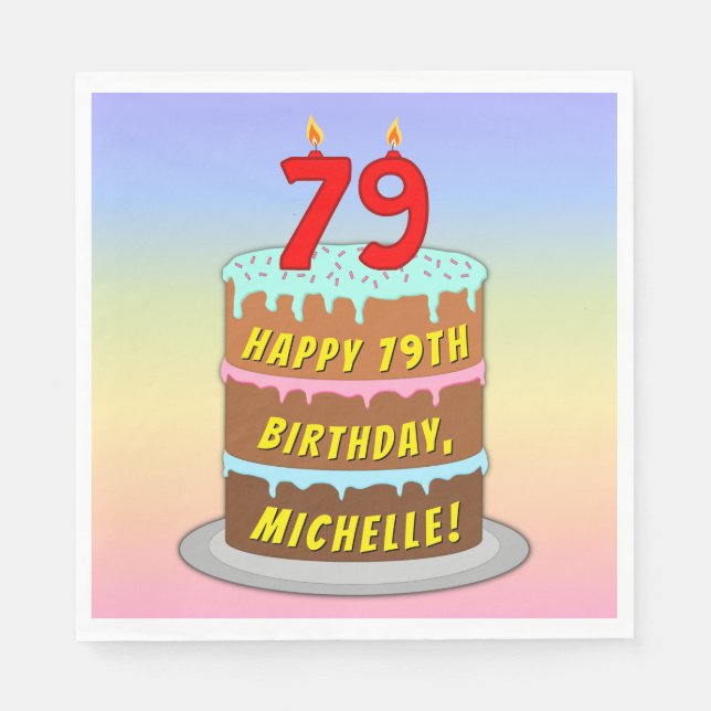 Serviette En Papier 79e anniversaire : Fun Cake and Candles + Nom pers (Devant)