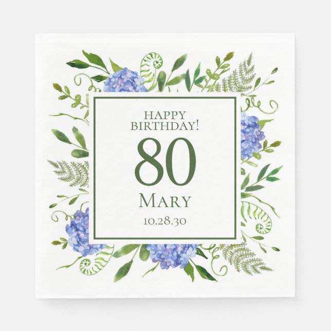 Serviette En Papier 80e anniversaire Blue Hydrangeas (Devant)