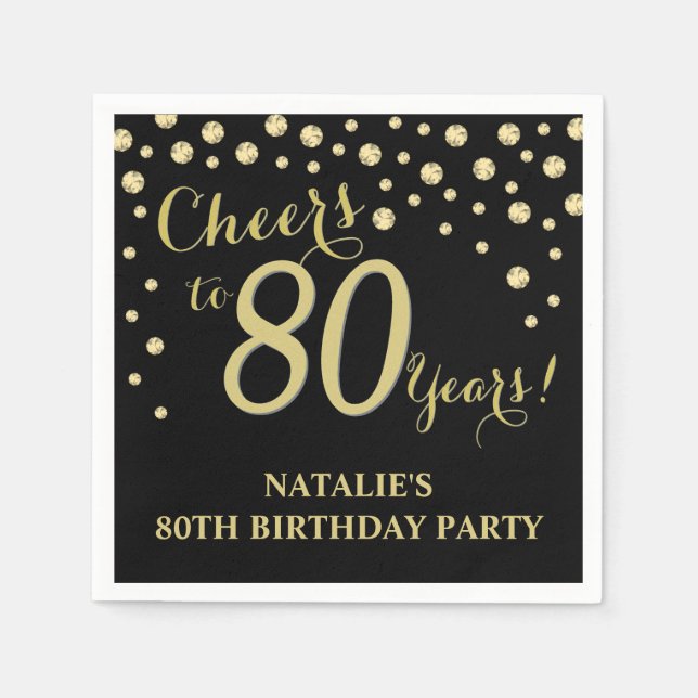 Serviette En Papier 80e anniversaire de fête Black and Gold Diamond Na (Devant)