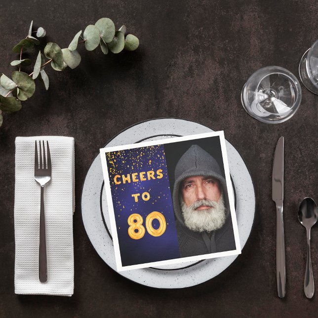 Serviette En Papier 80e anniversaire de fête photo ballons d'or bleu (Créateur téléchargé)