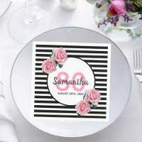 80e anniversaire fleurs roses nom rayures noires