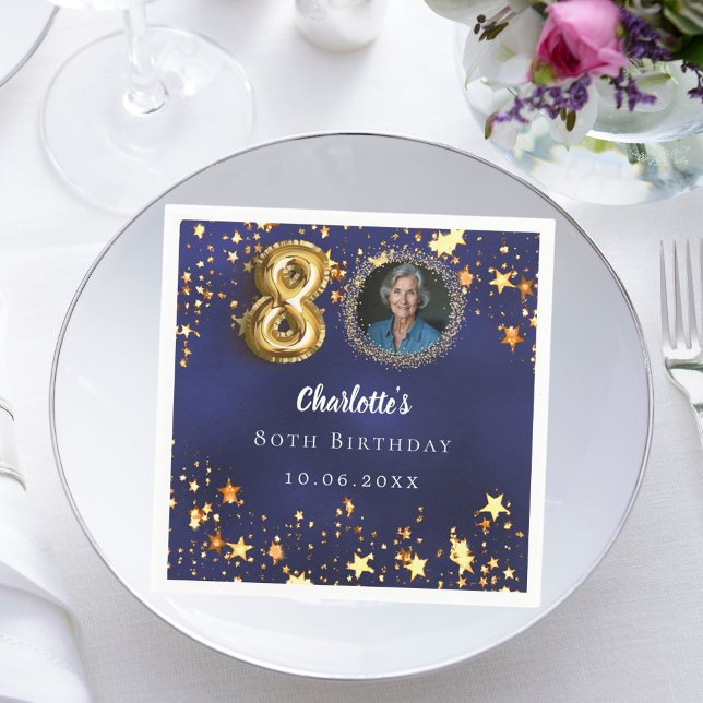 Serviette En Papier 80e anniversaire marine bleu or étoiles photo (Créateur téléchargé)