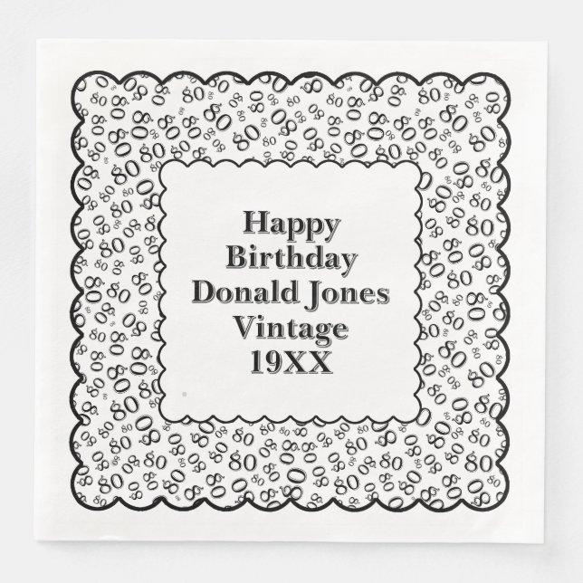 Serviette En Papier 80e anniversaire Numéro Motif pétoncles Noir/Blanc (Devant)