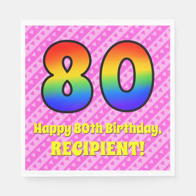 Serviette En Papier 80e anniversaire : Pink Stripes & Hearts, Arc en c (Devant)