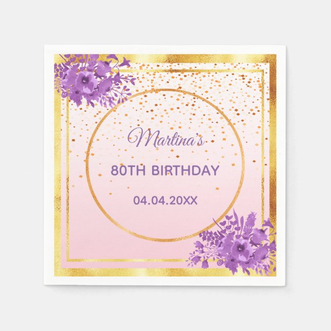Serviette En Papier 80e anniversaire rose fleurs violet or (Devant)