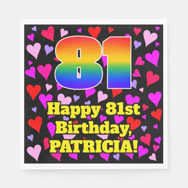 Serviette En Papier 81e anniversaire : Amour Hearts Motif, Arc-en-ciel (Devant)