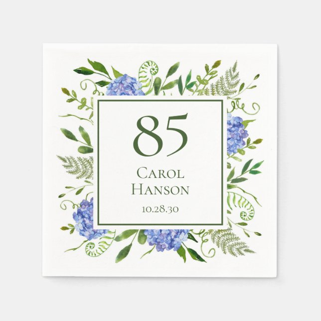 Serviette En Papier 85e anniversaire Blue Hydrangeas (Devant)