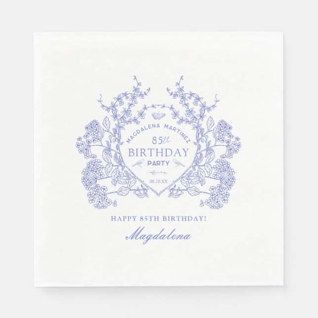 Serviette En Papier 85e anniversaire Français Blue Floral Crest Custom (Devant)