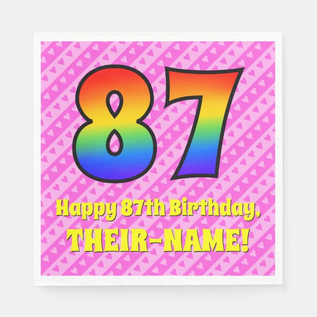 Serviette En Papier 87e anniversaire : Pink Stripes & Hearts, Arc en c (Devant)