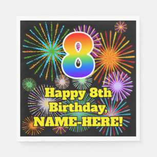 Serviette En Papier 8e anniversaire : Fun Motif Fireworks + Rainbow 8