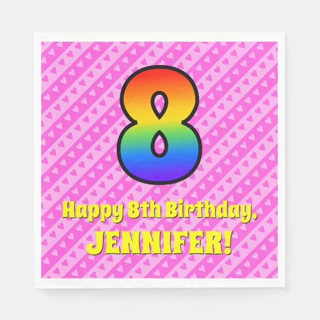 Serviette En Papier 8e anniversaire : Pink Stripes & Hearts, Rainbow # (Devant)