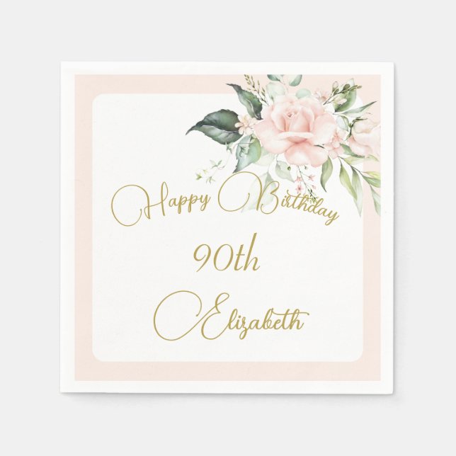 Serviette En Papier 90e anniversaire aquarelle rose florale élégant (Devant)