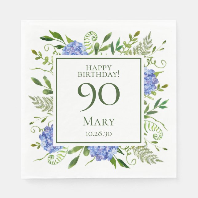 Serviette En Papier 90e anniversaire Blue Hydrangeas (Devant)