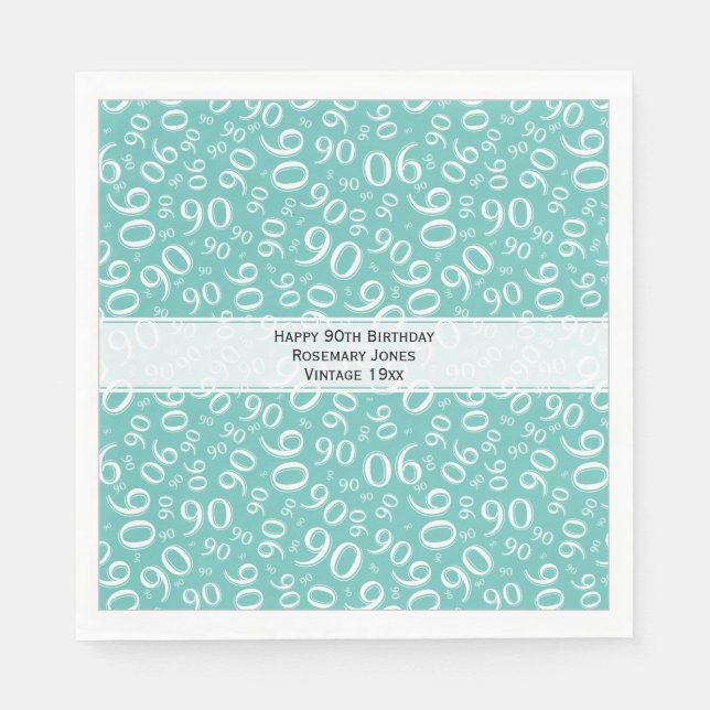 Serviette En Papier 90e anniversaire Cool Numéro Motif Turquoise/blanc (Devant)