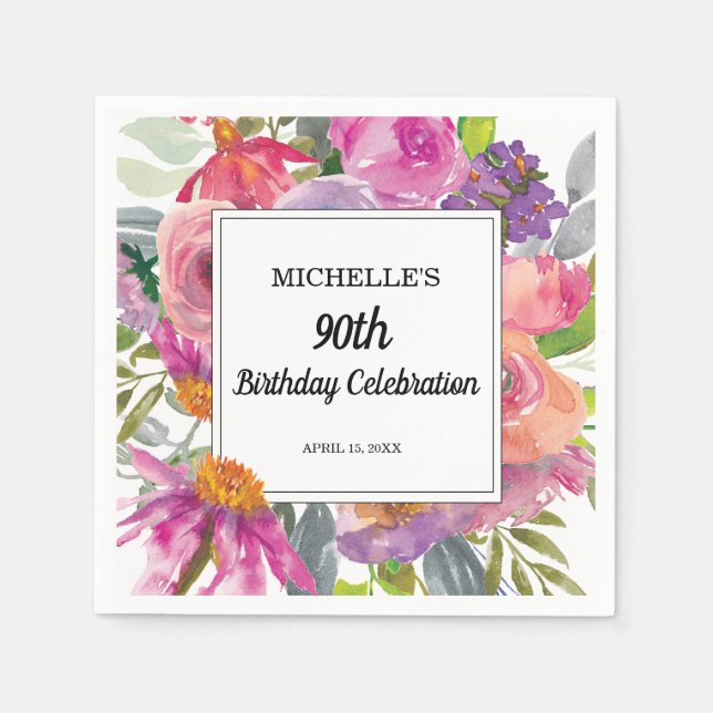 Serviette En Papier 90e anniversaire des femmes florales violettes ros (Devant)