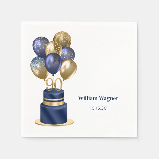 Serviette En Papier 90e anniversaire Marine Blue Balloon Cake (Devant)