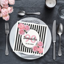 90e anniversaire noir rayures rose florale classiq