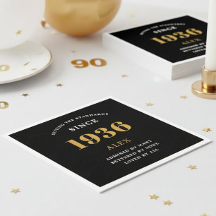 Serviette En Papier 90e Anniversaire Nom 1936 Noir Or Élégant Chic