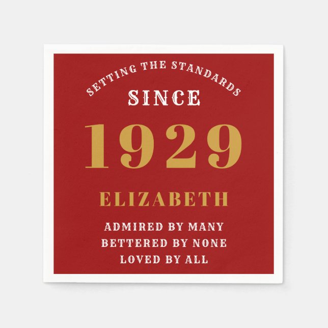 Serviette En Papier 90e Anniversaire Normes Né 1929 Or rouge (Devant)