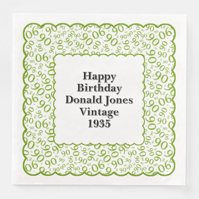 Serviette En Papier 90e anniversaire Numéro Motif pétoncles vert/blanc (Devant)