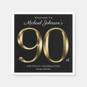 Serviette En Papier 90e Anniversaire Solid Gold Typographie Noir Éléga