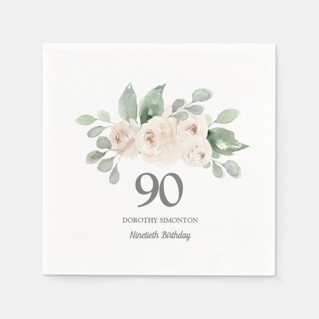 Serviette En Papier 90e fête d'anniversaire Rose blanche Eucalyptus se (Devant)