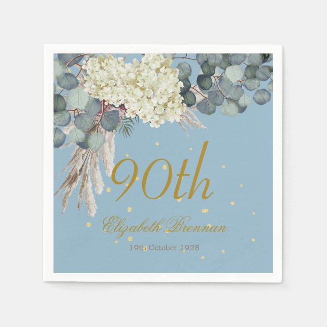 Serviette En Papier 90ème Floral Blue Gold Elegant Photo Anniversaire (Devant)