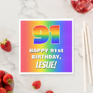 Serviette En Papier 91e anniversaire : Coloré, amusant Motif arc-en-c