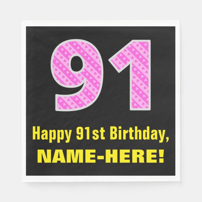 Serviette En Papier 91e anniversaire : Pink Stripes and Hearts "91" +  (Devant)