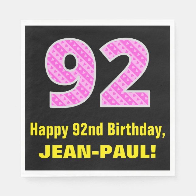 Serviette En Papier 92e anniversaire : Pink Stripes and Hearts "92" +  (Devant)