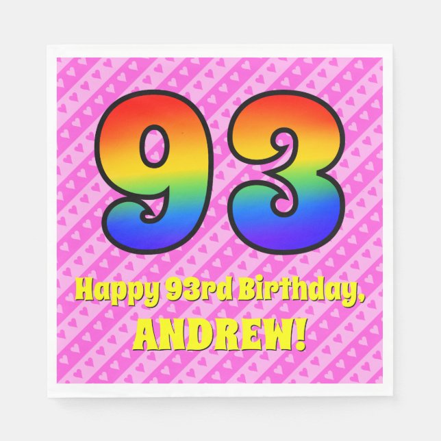 Serviette En Papier 93e anniversaire : Pink Stripes & Hearts, Arc-en-c (Devant)