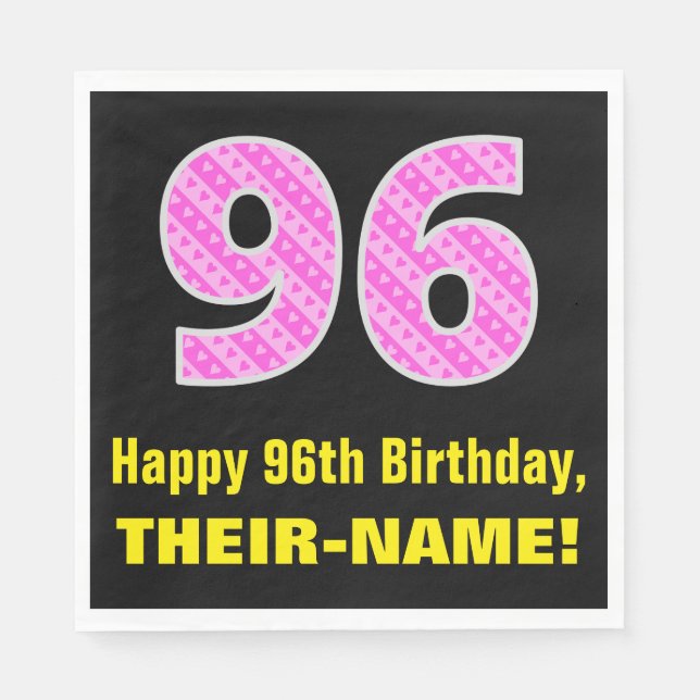 Serviette En Papier 96e anniversaire : Pink Stripes and Hearts "96" +  (Devant)