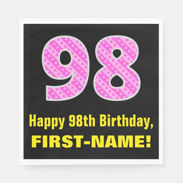 Serviette En Papier 98e anniversaire : Pink Stripes and Hearts "98" +  (Devant)