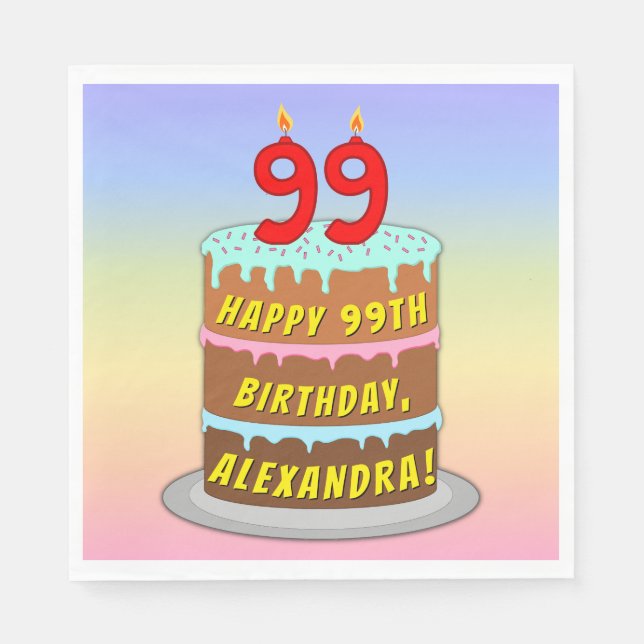 Serviette En Papier 99e anniversaire : Fun Cake and Candles + Nom pers (Devant)