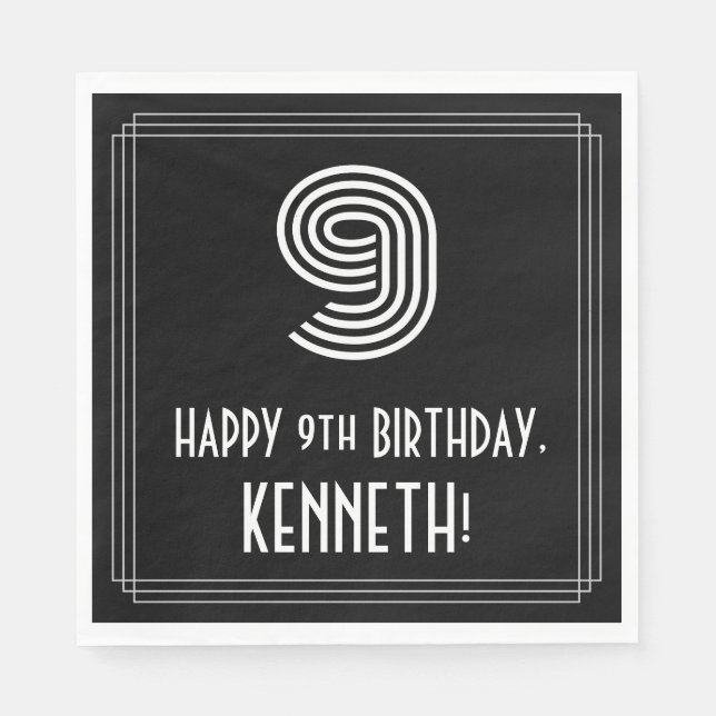 Serviette En Papier 9e anniversaire : Art Déco Inspiré Look "9" + Nom (Devant)