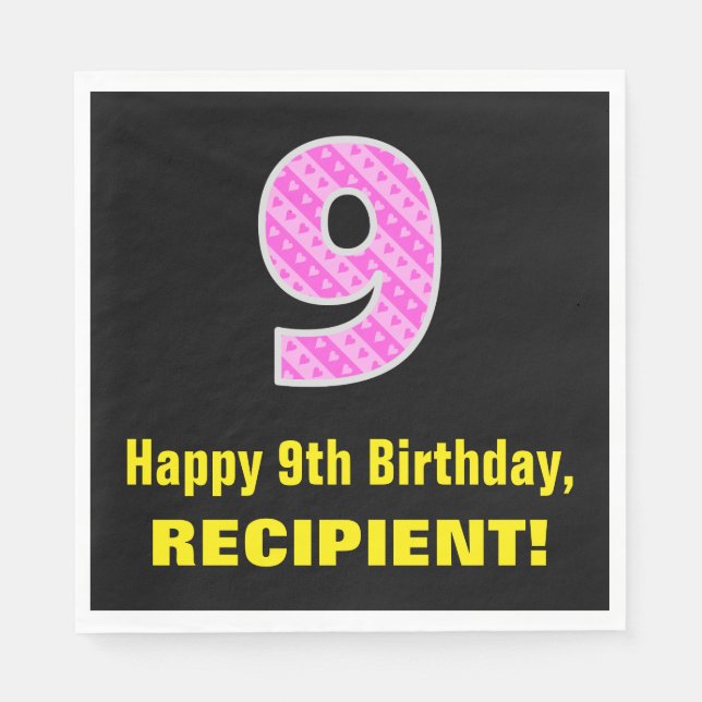 Serviette En Papier 9e anniversaire : Pink Stripes and Hearts "9" + No (Devant)