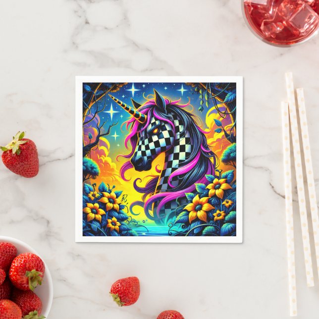 Serviette En Papier à damiers licorne (En situation)