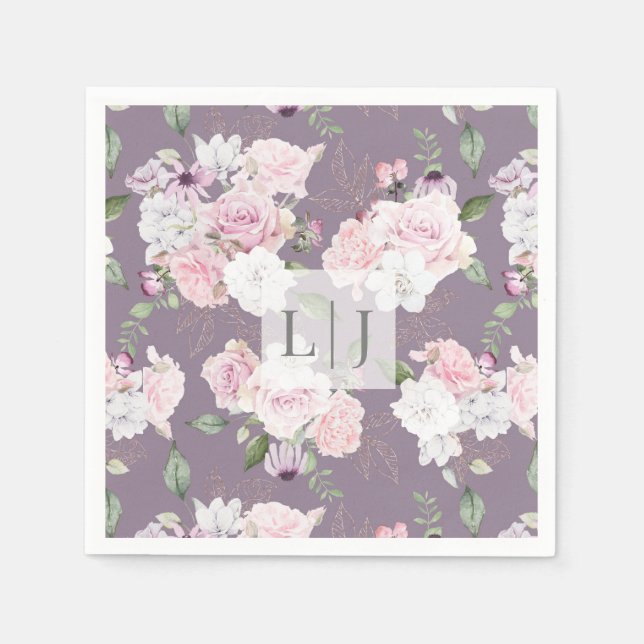 Serviette en papier à monogramme floral Rose Garde (Devant)