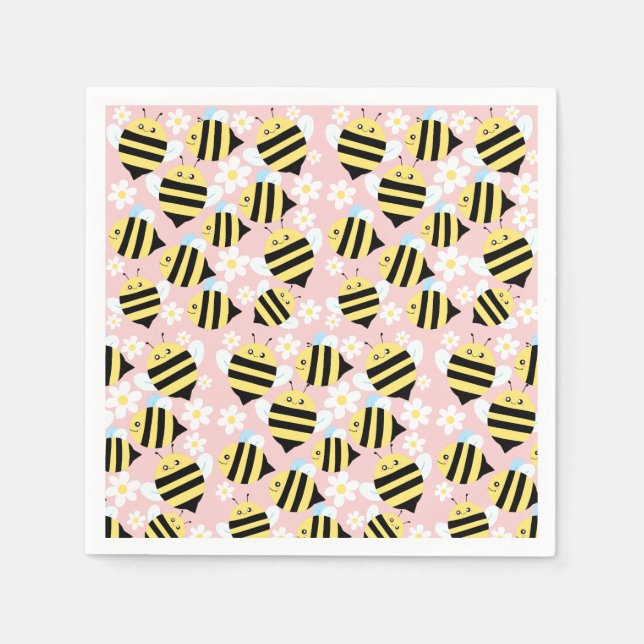 Serviette En Papier Abeilles Et Fleurs Blanches (Devant)