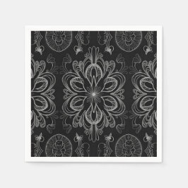 Serviette En Papier Abstrait Floral Noir Et Motif Argent
