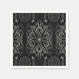 Serviette En Papier Abstrait Floral Noir Et Motif Argent