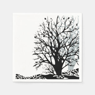 Serviette En Papier Abstrait moderne arbre noir silhouette ombre blanc