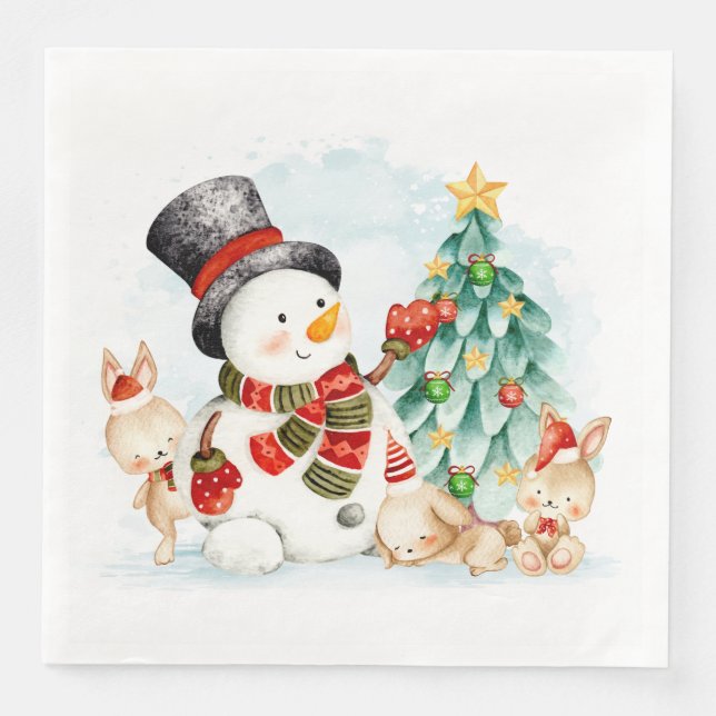 Serviette En Papier Adables Bunnies Et Arbre De Snowman Noël (Devant)