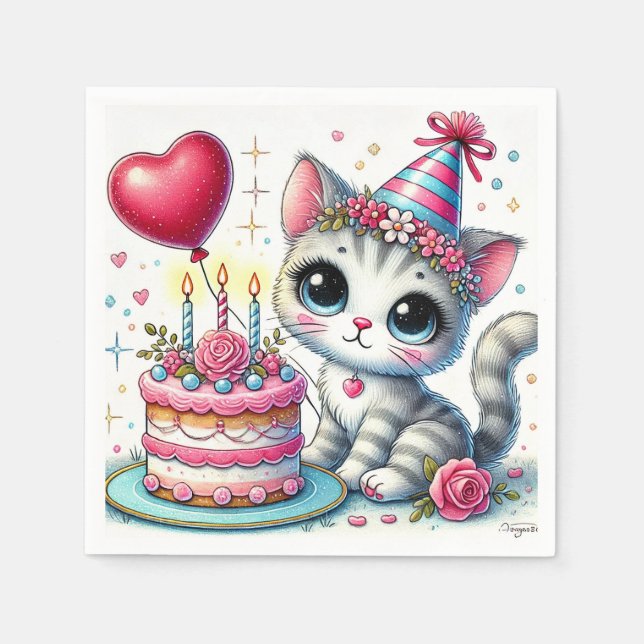 Serviette En Papier Adorable Chat Célébrer Anniversaire avec gâteau (Devant)
