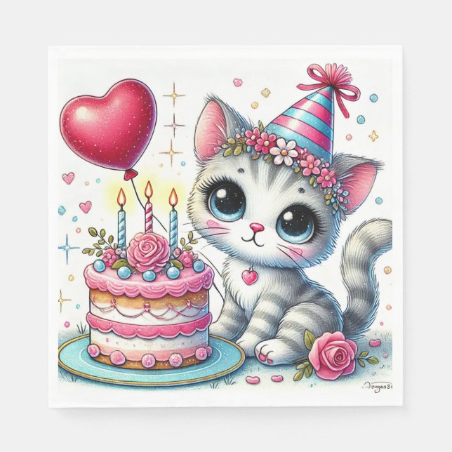 Serviette En Papier Adorable Chat Célébrer Anniversaire avec gâteau (Devant)