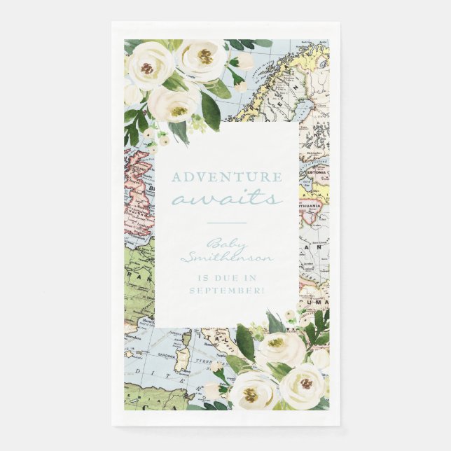 Serviette En Papier Adventure Await Baby shower Floral Map (Devant)