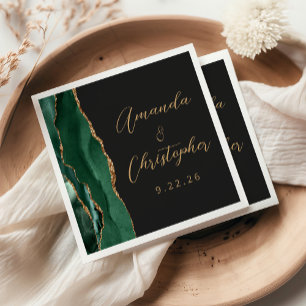 Serviette En Papier Agate Emerald Green Gold Script Mariage foncé